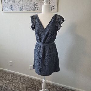 Madewell Navy Lace V-Neck Short Dress with Flutter Sleeves